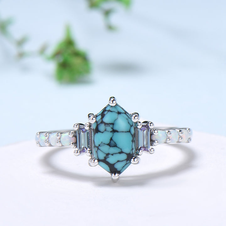 Unique turquoise engagement ring Long hexagon cut turquoise cluster baguette alexandrite opal wedding ring art deco proposal gifts for women - PENFINE