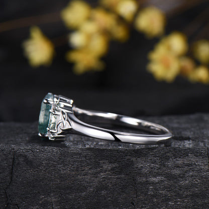 Unique Celtic Knot Oval Cut Natural Moss Agate Engagement Ring Unique Norse Viking Cluster Baguette Amethyst Wedding Ring Anniversary gifts