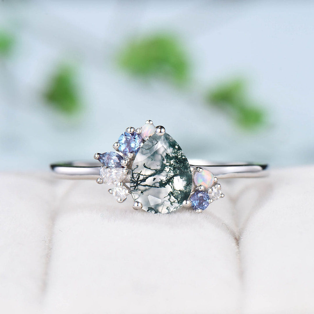 Vintage Pear moss agate ring set white gold silver unique agate engagement ring cluster alexandrite wedding ring set opal stacking band - PENFINE