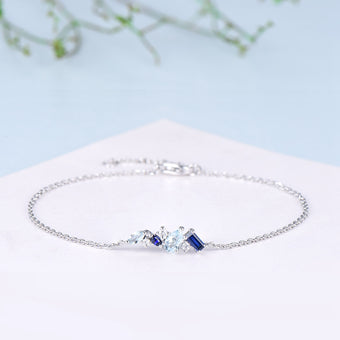 Elegant Pear Shaped Aquamarine Bracelet Multi-Stone Baguette Blue Sapphire Lobster Claw Bracelet Silver Gold Art Deco Anniversary Gift Women - PENFINE