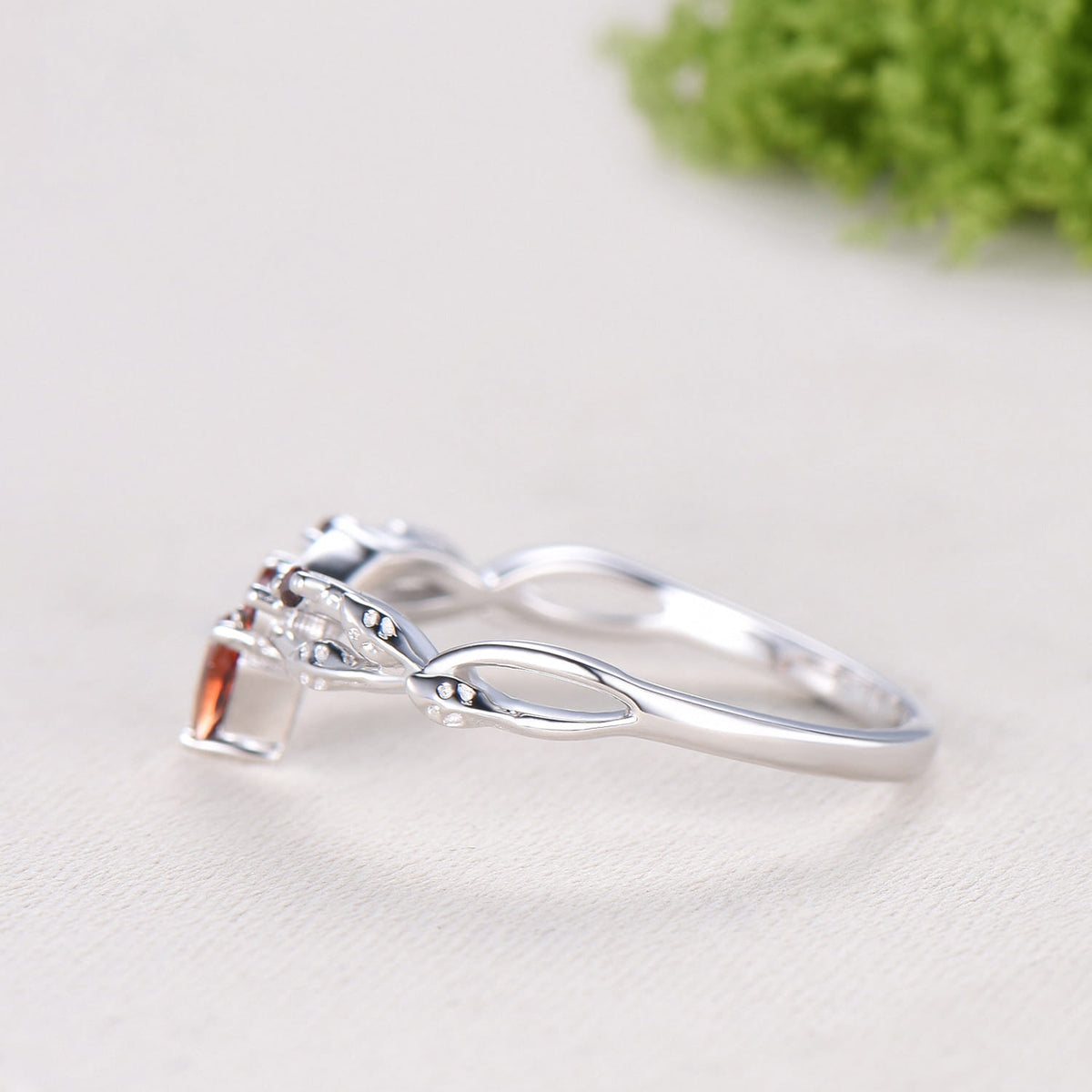 Vintage Curved Garnet Wedding Band Split Shank Promise Ring Leaf Vine January Birthstone Stackable Matching Band Evil Eye Wedding Ring Women