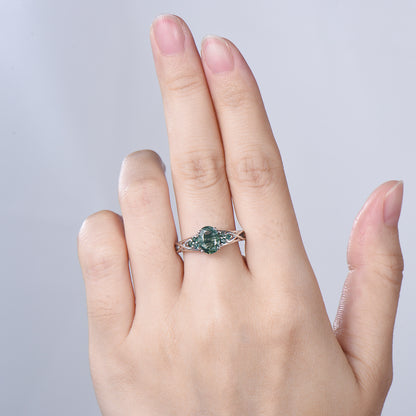 Celtic Knot Oval Natural Moss Agate Engagement Ring Solid 14K/18K White Gold Unique Infinity Ring Cluster Wedding Ring Anniversary gifts