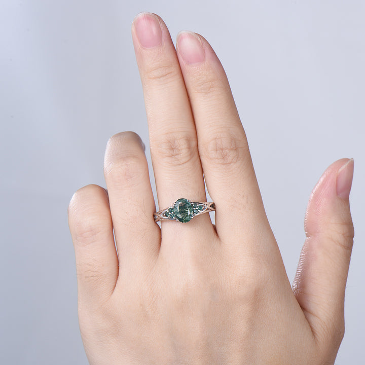 Celtic Knot Oval Natural Moss Agate Engagement Ring Solid 14K/18K White Gold Unique Infinity Ring Cluster Wedding Ring Anniversary gifts