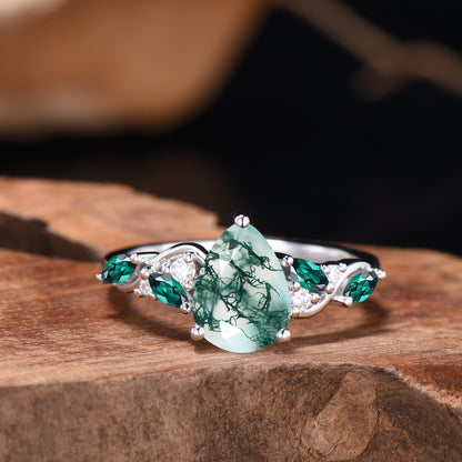 Pear Cut Moss Agate Engagement Ring Set Rose Gold Emerald Cluster Enhancer Bridal Set