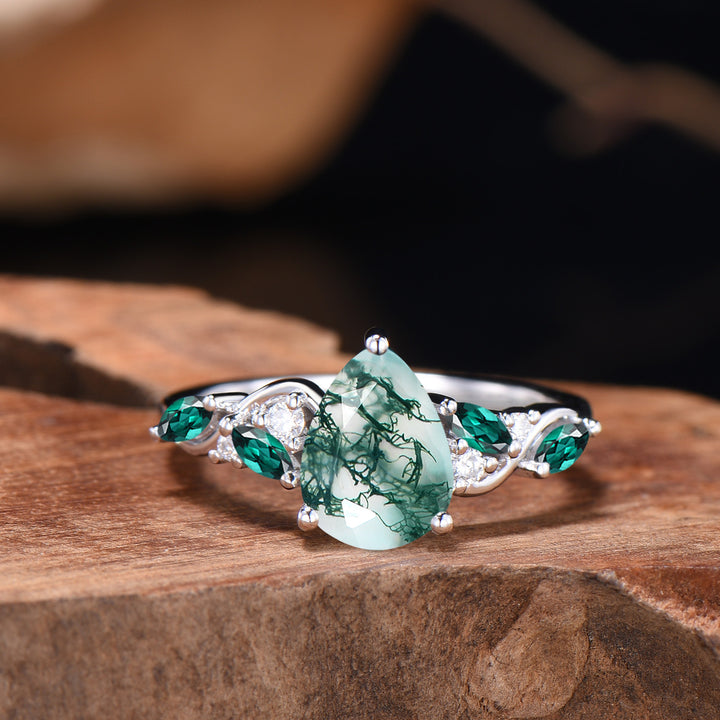 Pear Cut Moss Agate Engagement Ring Set Rose Gold Emerald Cluster Enhancer Bridal Set