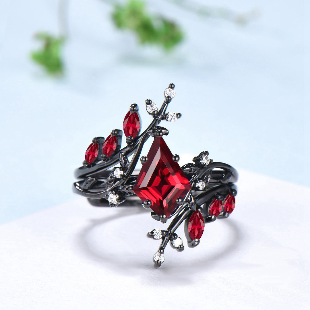 Nature inspired Kite cut ruby ring set black gold leaf gothic engagement ring  -knight - PENFINE