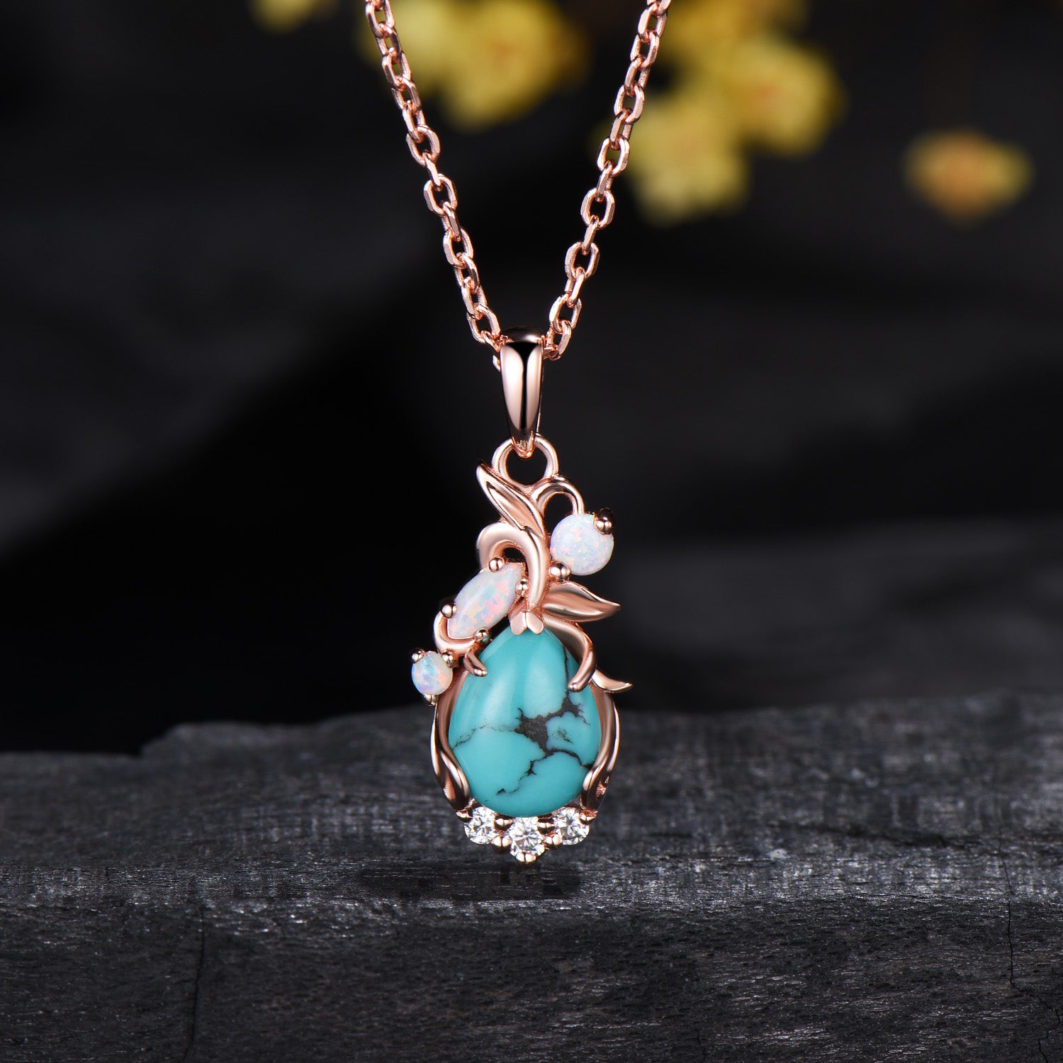 1.25CT Teardrop Cut Turquoise Leaf Wedding Necklace White Opal Branch Pendant