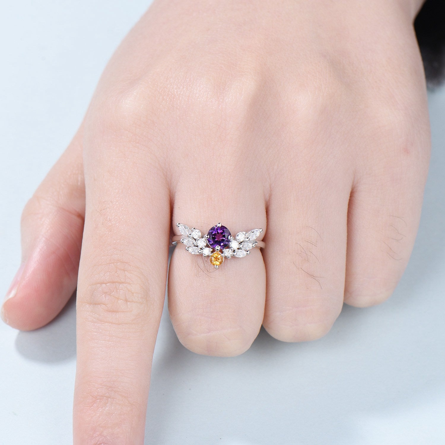 Vintage Amethyst Citrine Engagement Ring For Women Unique angel wing marquise moissanite wedding ring art deco dainty anniversary gift - PENFINE