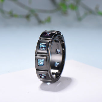 Black Gold Brushed Finish Mens Wedding Band Unisex Frame Princess Cut Alexandrite Men's Wedding Ring Anniversary Stacking Matching Band Gift - PENFINE