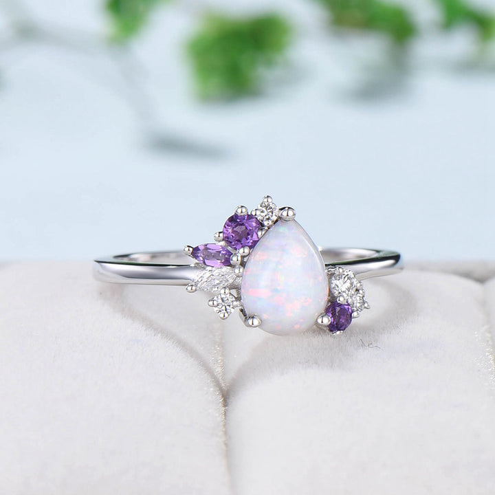 Unique fire opal engagement ring Vintage Teardrop white opal bridal ring silver alternative cluster amethyst wedding ring anniversary gift - PENFINE