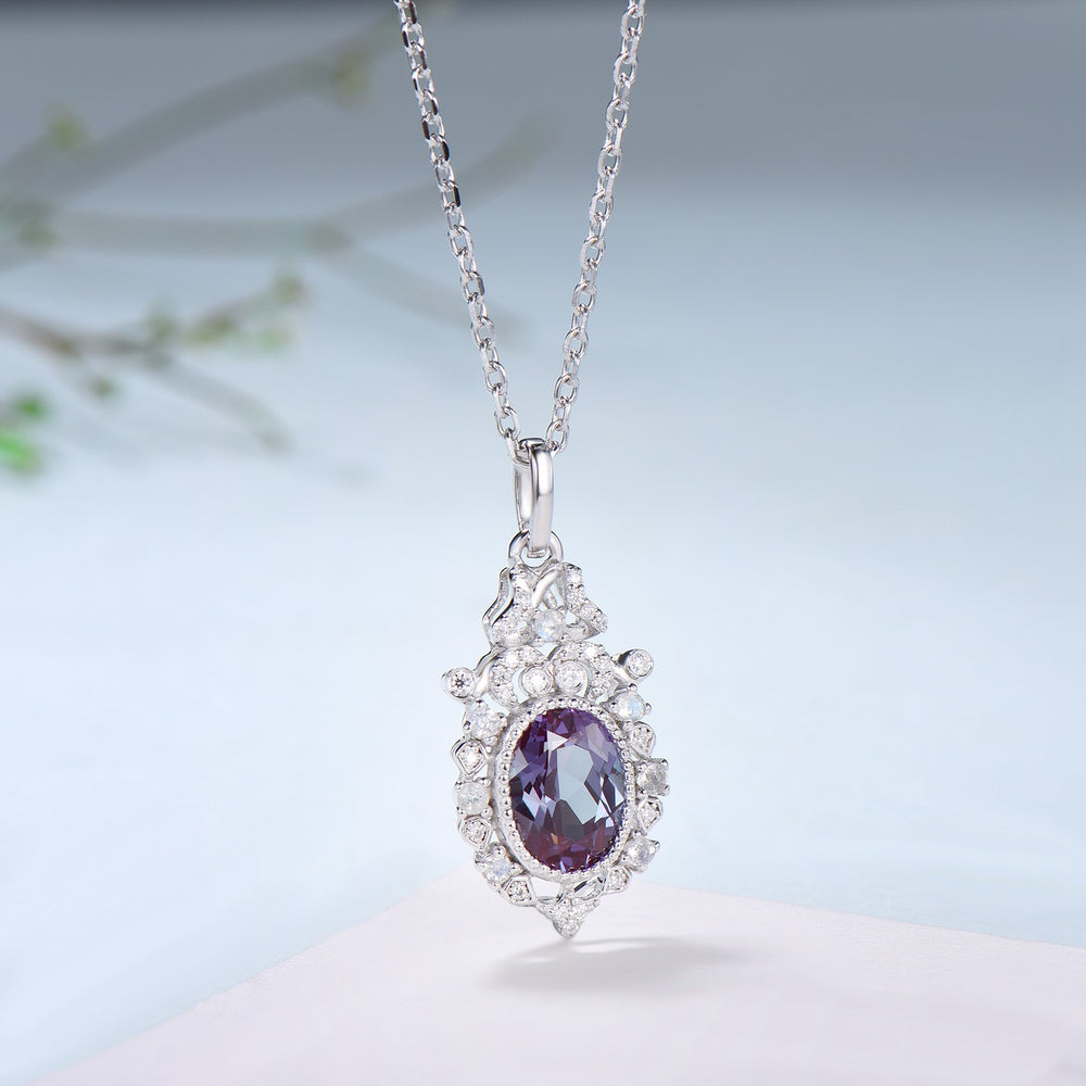 Vintage Alexandrite Moonstone Pendant Necklace Unique Retro Alexandrite Necklace Floral Flower Pendant June Birthstone Anniversary gift - PENFINE