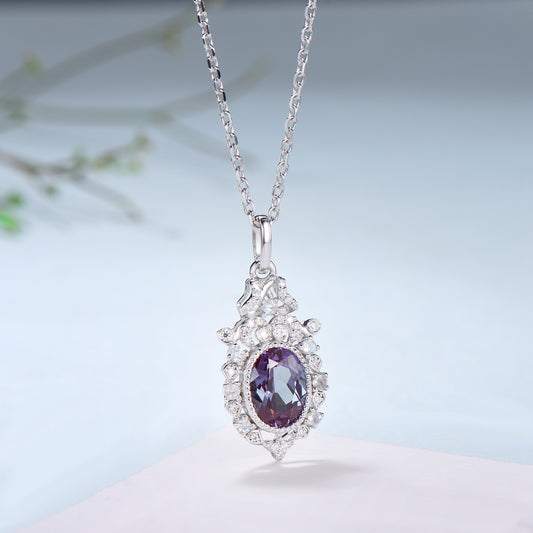 Vintage Alexandrite Moonstone Pendant Necklace Unique Retro Alexandrite Necklace Floral Flower Pendant June Birthstone Anniversary gift - PENFINE