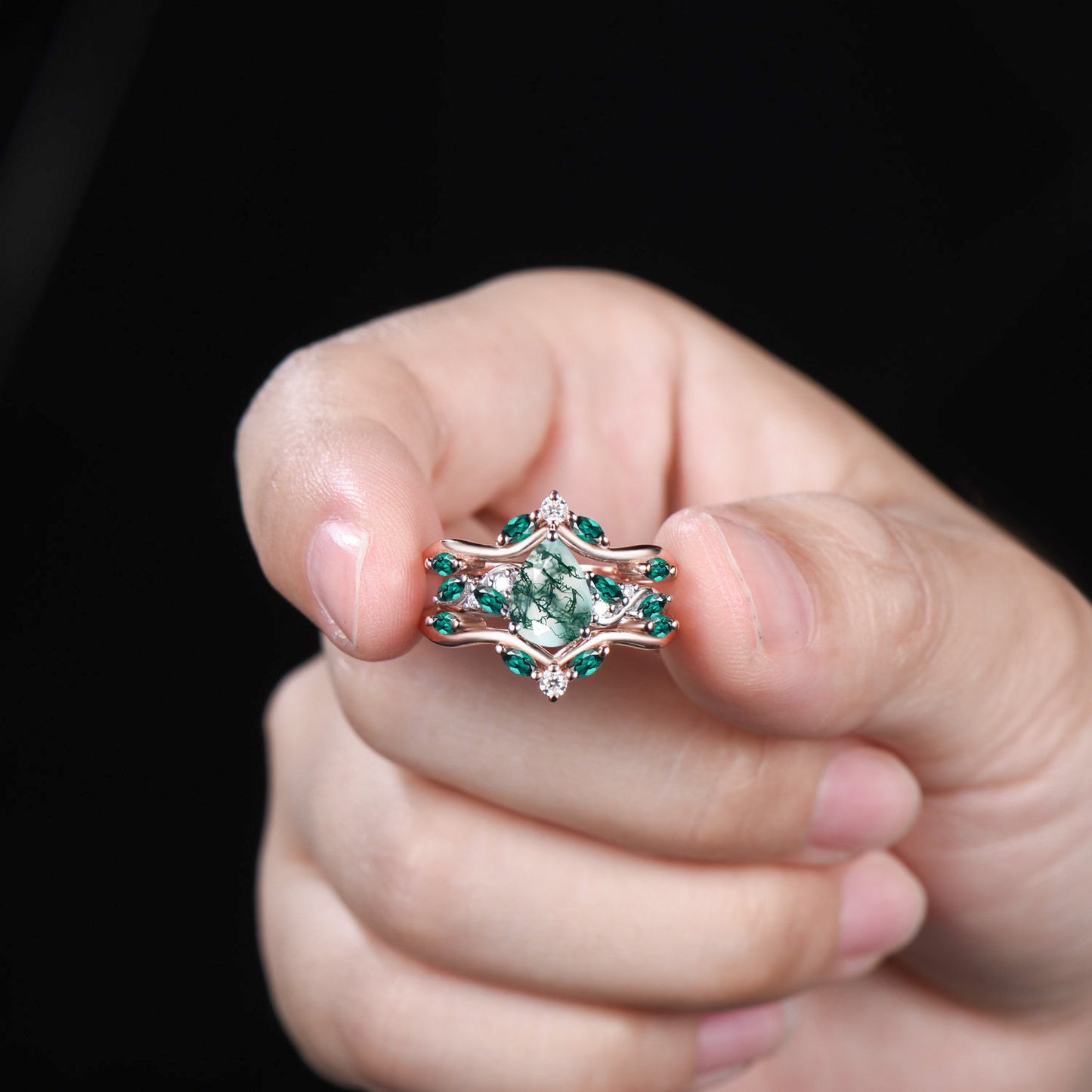 Pear Cut Moss Agate Engagement Ring Set Rose Gold Emerald Cluster Enhancer Bridal Set