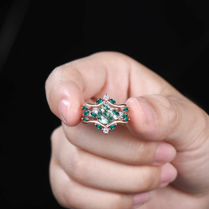 Pear Cut Moss Agate Engagement Ring Set Rose Gold Emerald Cluster Enhancer Bridal Set