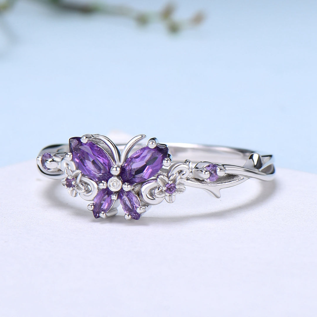 Vintage Butterfly Amethyst Engagement Ring Unique marquise cut purple amethyst silver white gold flower promise ring anniversary gift women - PENFINE