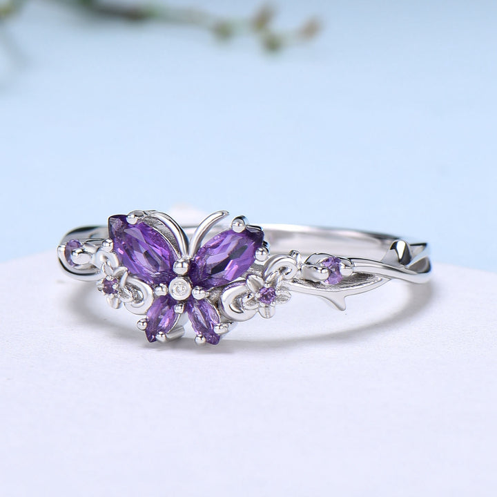 Vintage Butterfly Amethyst Engagement Ring Unique marquise cut purple amethyst silver white gold flower promise ring anniversary gift women - PENFINE