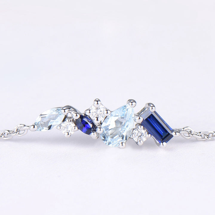 Elegant Pear Shaped Aquamarine Bracelet Multi-Stone Baguette Blue Sapphire Lobster Claw Bracelet Silver Gold Art Deco Anniversary Gift Women - PENFINE