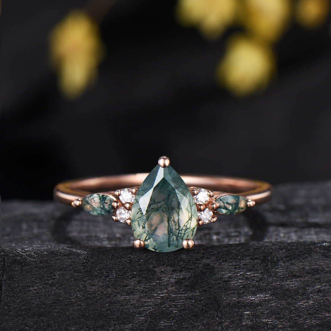 Vintage Pear Shaped Natural Moss Agate Engagement Ring Set 14K Rose Gold Marquise Emerald Opal Wedding Bridal Set Unique Anniversary Gift