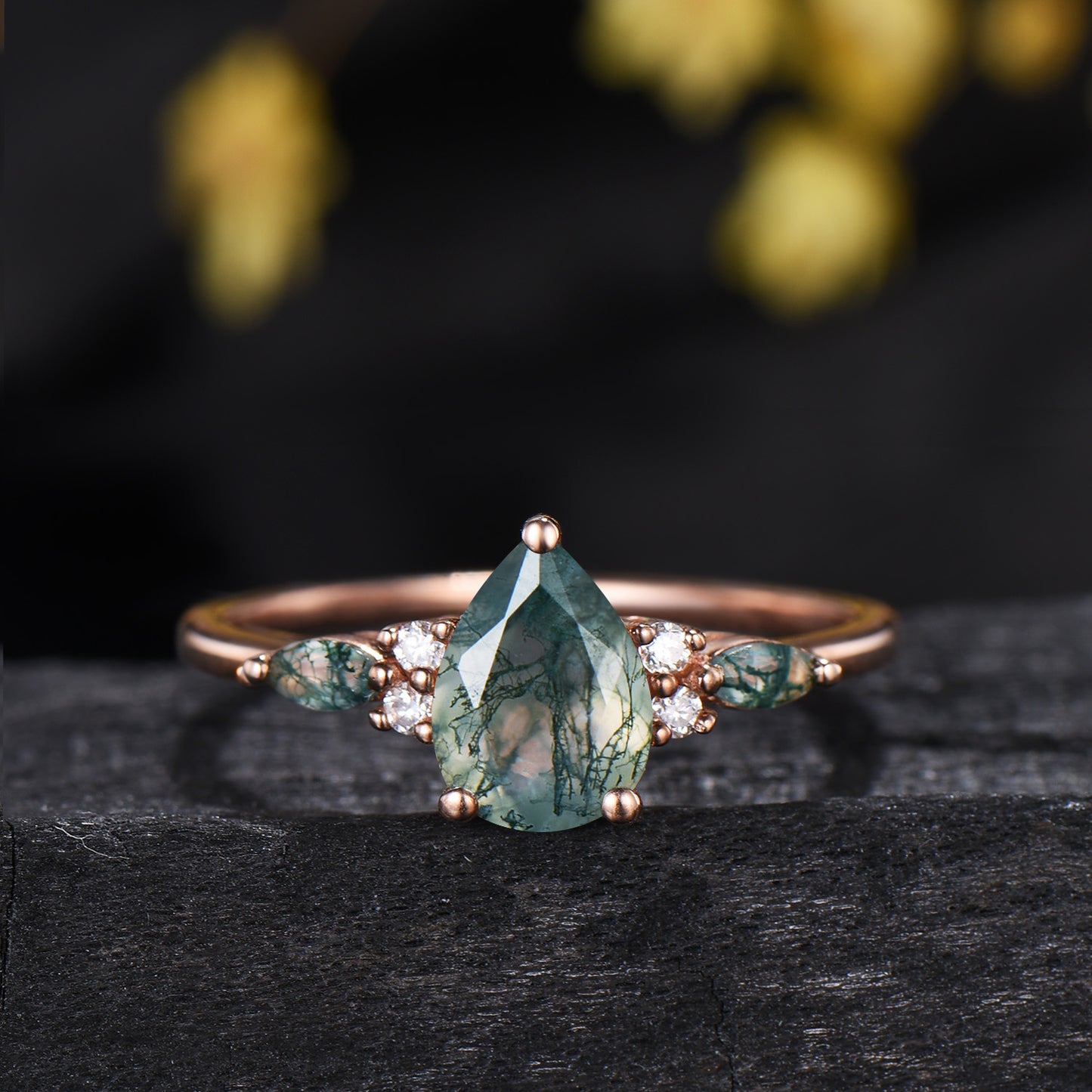 Vintage Pear Shaped Natural Moss Agate Engagement Ring Set 14K Rose Gold Marquise Emerald Opal Wedding Bridal Set Unique Anniversary Gift