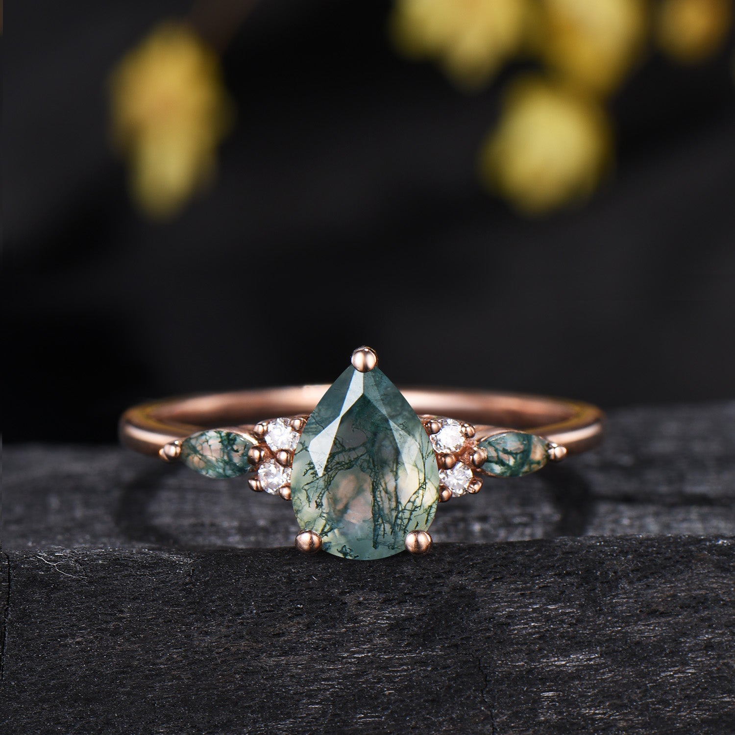 Vintage Pear Shaped Natural Moss Agate Engagement Ring Set 14K Rose Gold Marquise Emerald Opal Wedding Bridal Set Unique Anniversary Gift