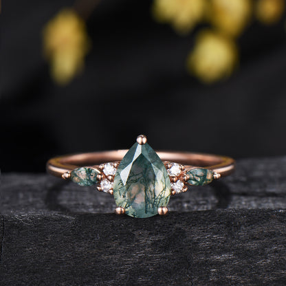 Vintage Pear Shaped Natural Moss Agate Engagement Ring Set 14K Rose Gold Marquise Emerald Opal Wedding Bridal Set Unique Anniversary Gift