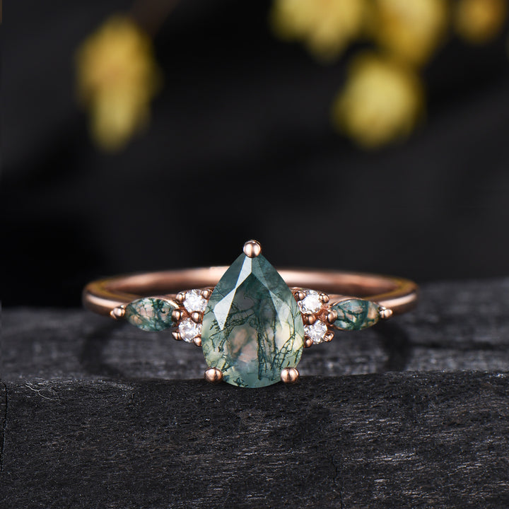 Vintage Pear Shaped Natural Moss Agate Engagement Ring Set 14K Rose Gold Marquise Emerald Opal Wedding Bridal Set Unique Anniversary Gift