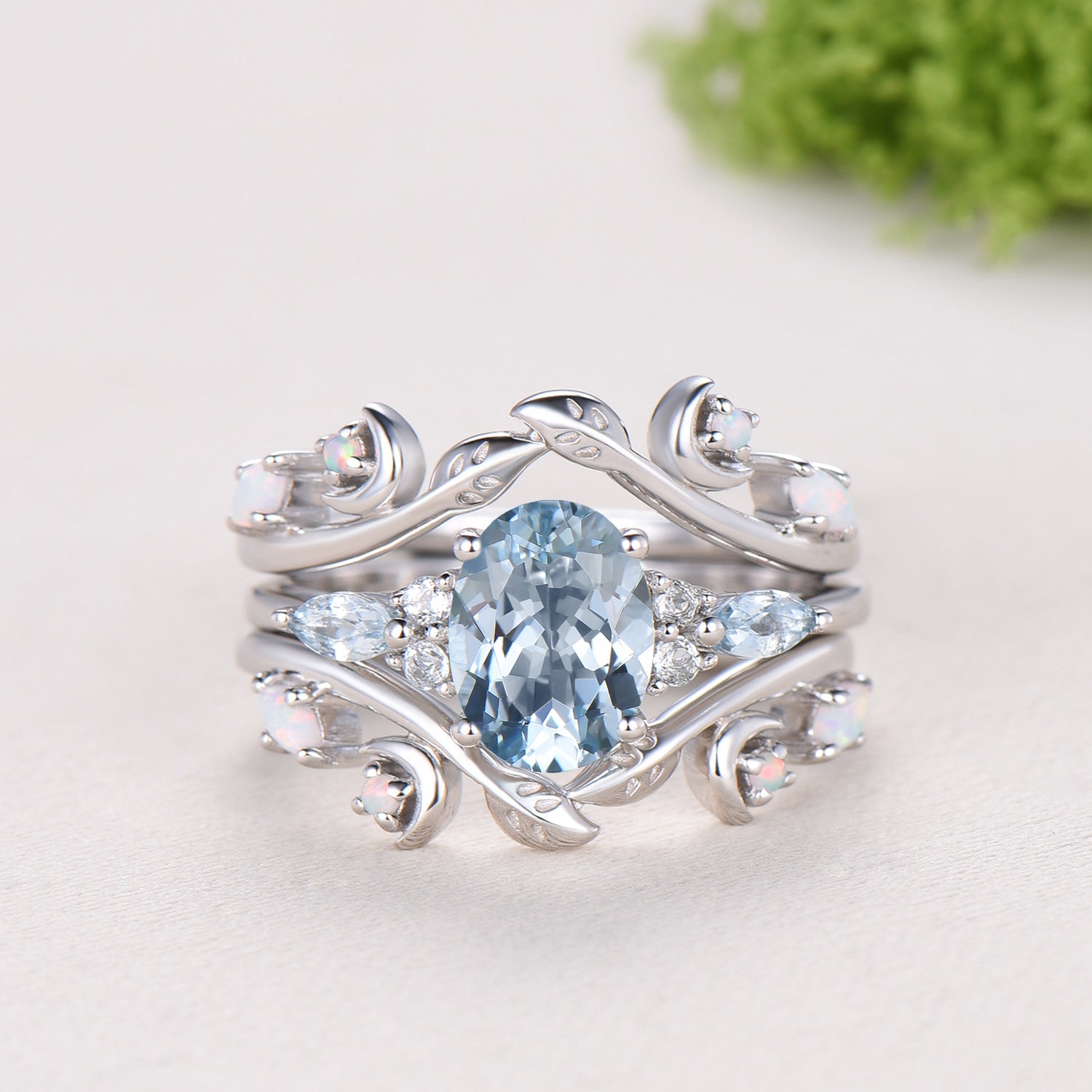 Vintage Oval Aquamarine Engagement Ring Set Leaf Bine Aquamarine Wedding Ring March Birthstone Double Curved Moon Opal Twig Bridal Set women