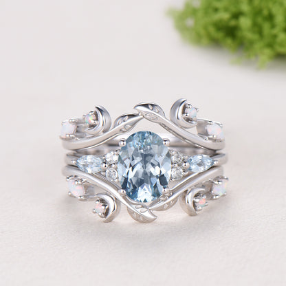 Vintage Oval Aquamarine Engagement Ring Set Leaf Bine Aquamarine Wedding Ring March Birthstone Double Curved Moon Opal Twig Bridal Set women