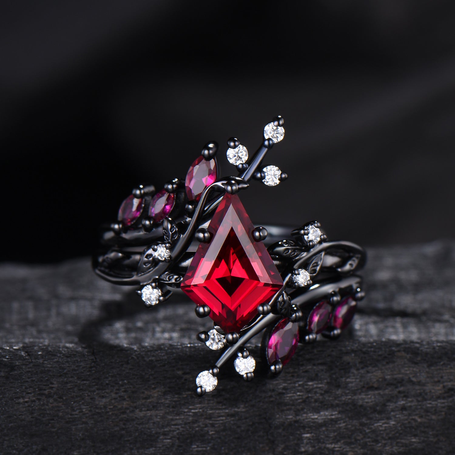 Unique gothic kite cut ruby engagement ring set black gold cluster engagement ring leaf branch nature inspired marquise ruby wedding set
