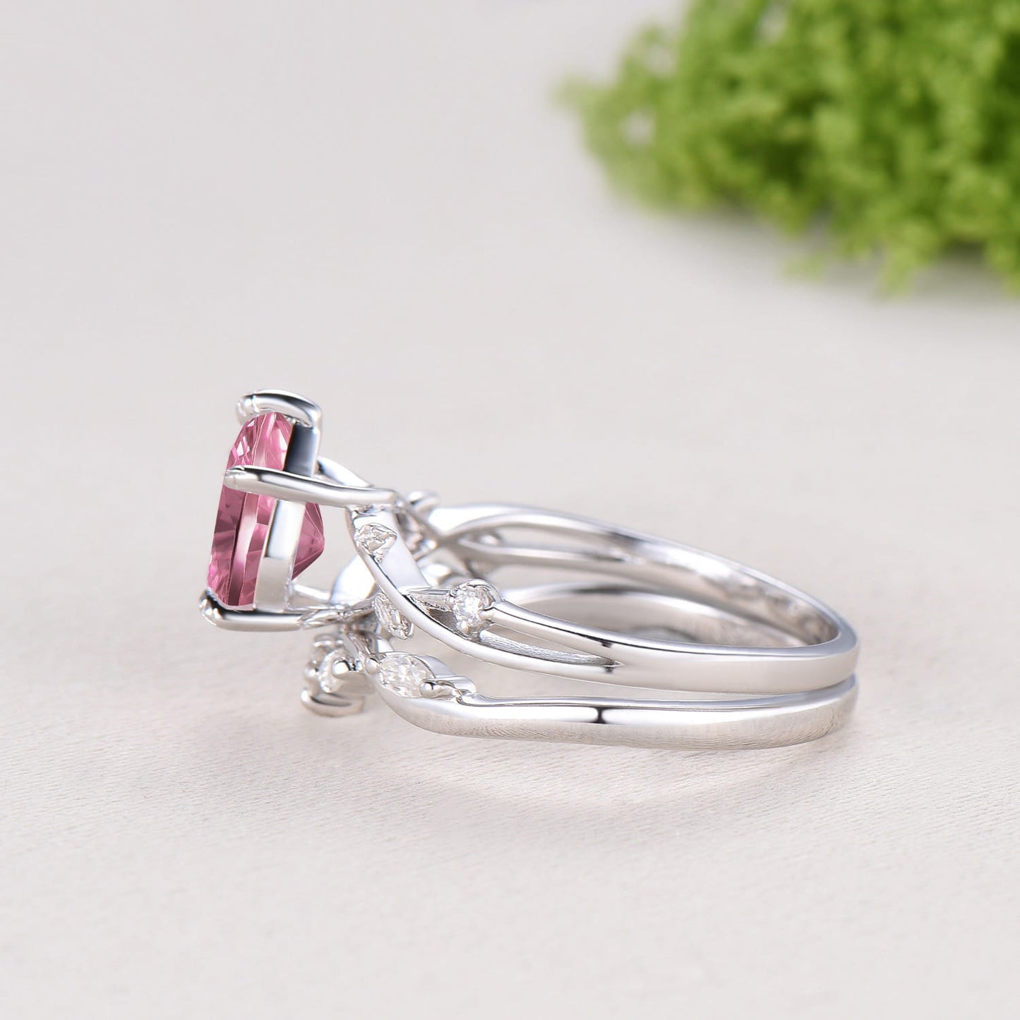 New Starburst Cut Padparadscha Sapphire Engagement Ring Set: Nature Inspired Leaf Twig Bridal Set