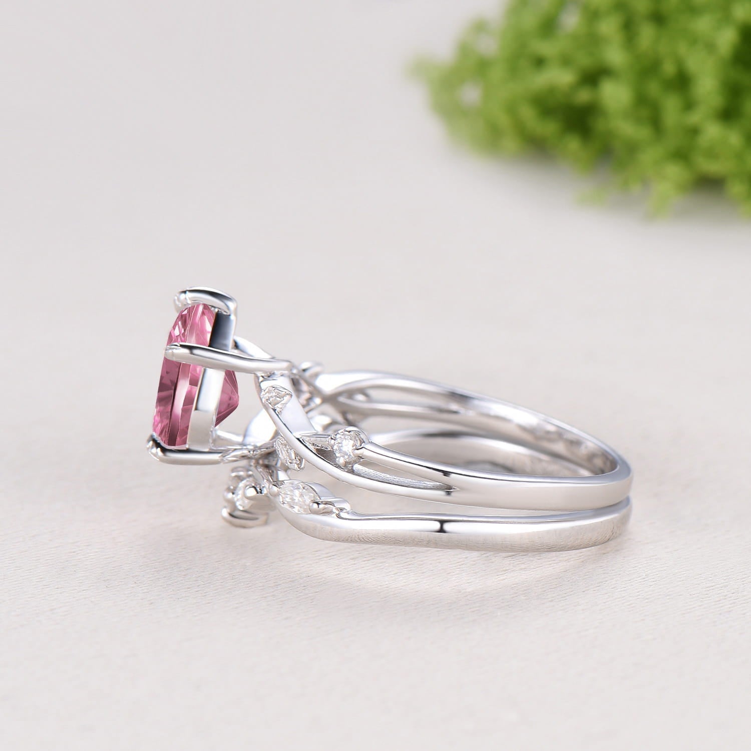 New Starburst Cut Padparadscha Sapphire Engagement Ring Set: Nature Inspired Leaf Twig Bridal Set