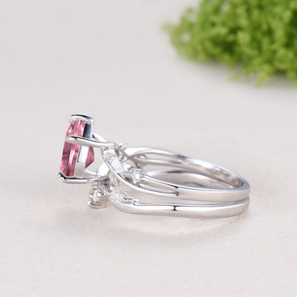 New Starburst Cut Padparadscha Sapphire Engagement Ring Set: Nature Inspired Leaf Twig Bridal Set