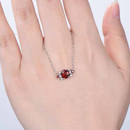 Vintage hexagon garnet pendant necklace cluster moissanite moon pendant necklace 14k/18k rose gold garnet necklace promise gift for women - PENFINE
