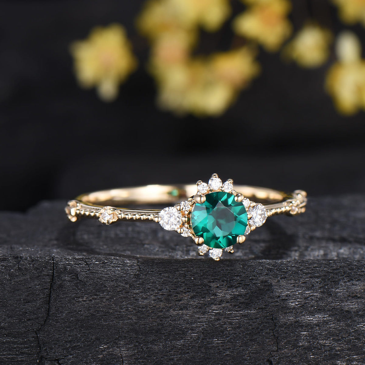 Vintage Round 0.5CT Emerald Engagement Ring, Art Deco Milgrain Band