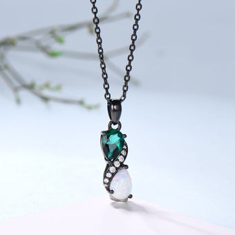 5x7mm Teardrop Emerald & White Opal Infinity Pendant Necklace Black Gold
