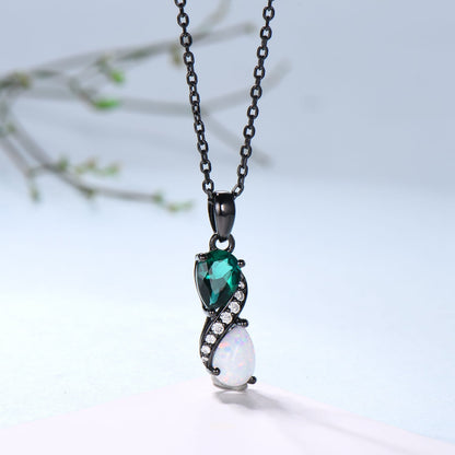 5x7mm Teardrop Emerald & White Opal Infinity Pendant Necklace Black Gold