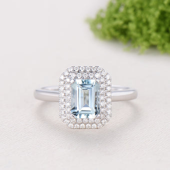 Double Halo Diamond Emerald Cut Aquamarine Bridal Ring Set, Plain Gold Wedding Band