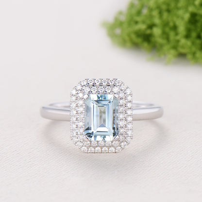 Double Halo Diamond Emerald Cut Aquamarine Bridal Ring Set, Plain Gold Wedding Band