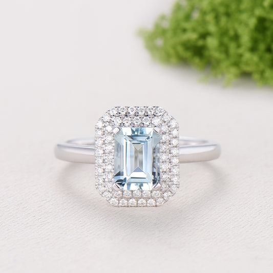 Double Halo Diamond Emerald Cut Aquamarine Bridal Ring Set, Plain Gold Wedding Band