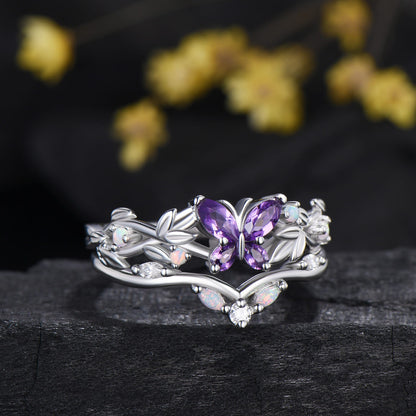 Nature inspired amethyst engagement ring set Twig leaf vine butterfly wedding set rose gold opal moissanite stacking bridal ring set women