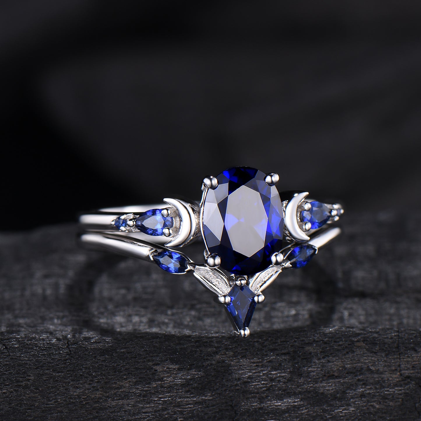 1.5 Carat oval blue sapphire engagement ring set vintage five stone moon engagement ring Elegant white gold pear sapphire wedding ring set - PENFINE