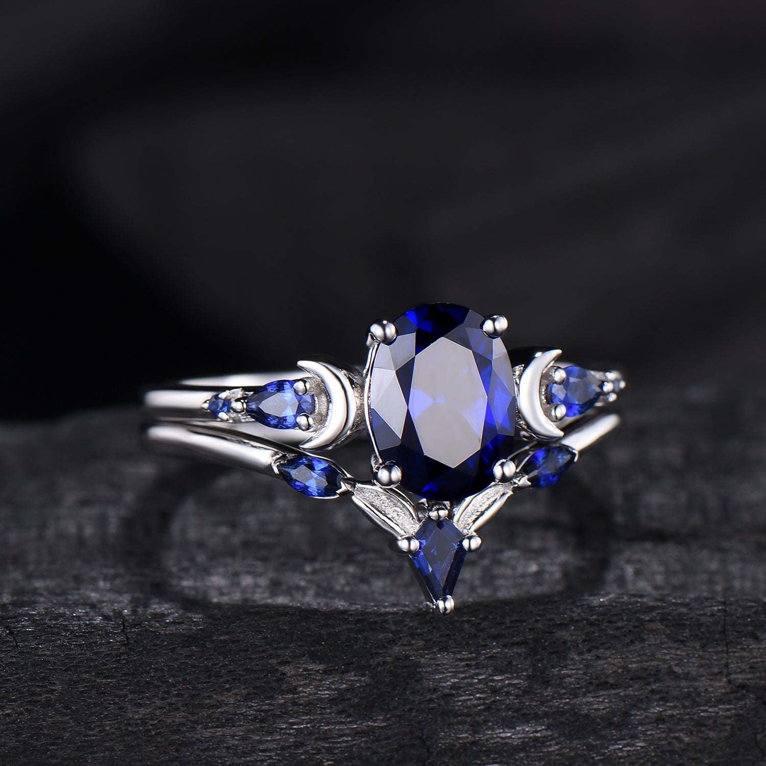 1.5 Carat oval blue sapphire engagement ring set vintage five stone moon engagement ring Elegant white gold pear sapphire wedding ring set - PENFINE