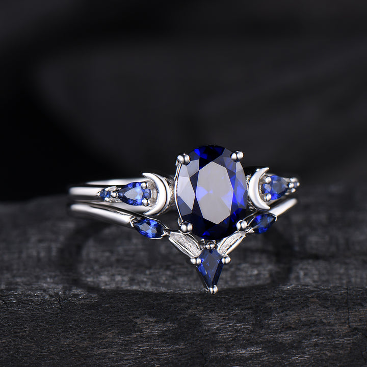 1.5 Carat oval blue sapphire engagement ring set vintage five stone moon engagement ring Elegant white gold pear sapphire wedding ring set - PENFINE