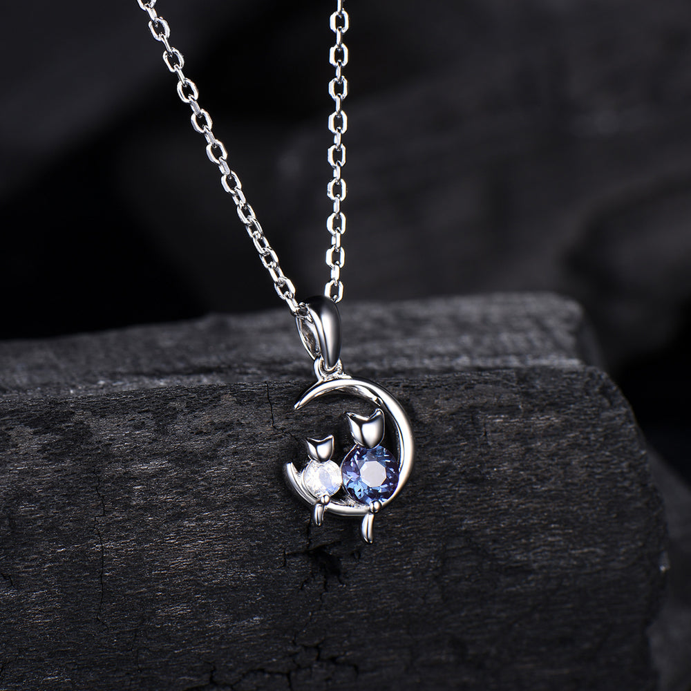Dainty cat alexandrite moonstone necklace cute silver white gold moon family pendant personalized Two cats lying on the moon rocking chair - PENFINE