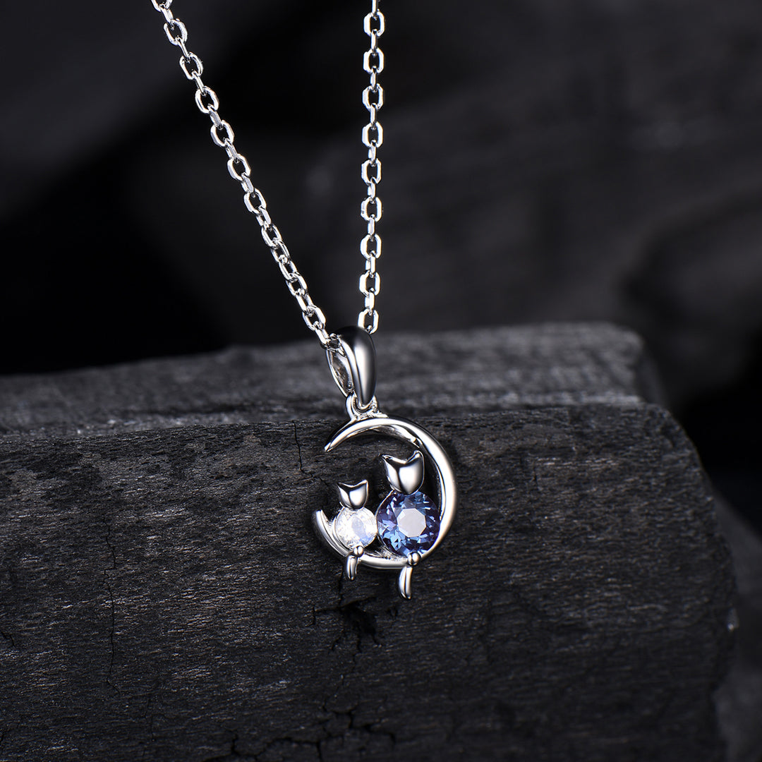 Dainty cat alexandrite moonstone necklace cute silver white gold moon family pendant personalized Two cats lying on the moon rocking chair - PENFINE