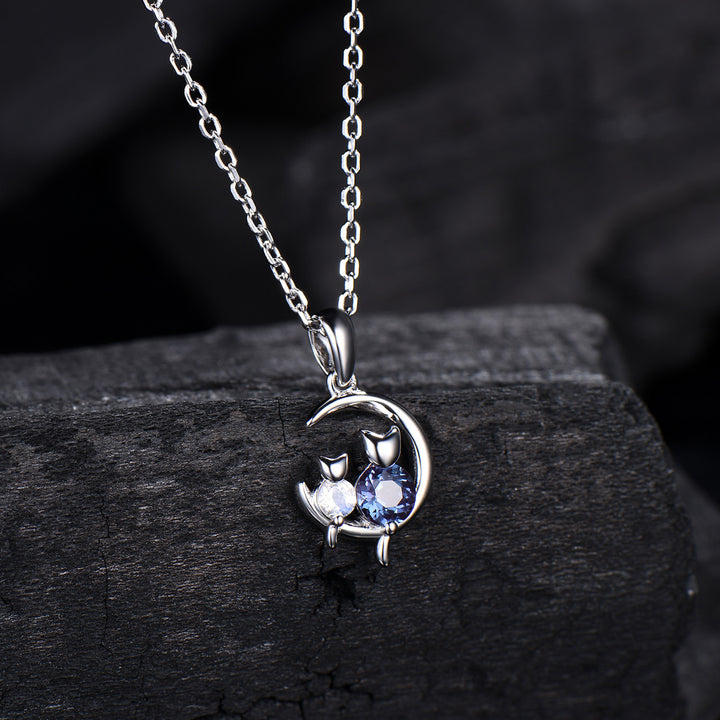 Dainty cat alexandrite moonstone necklace cute silver white gold moon family pendant personalized Two cats lying on the moon rocking chair - PENFINE
