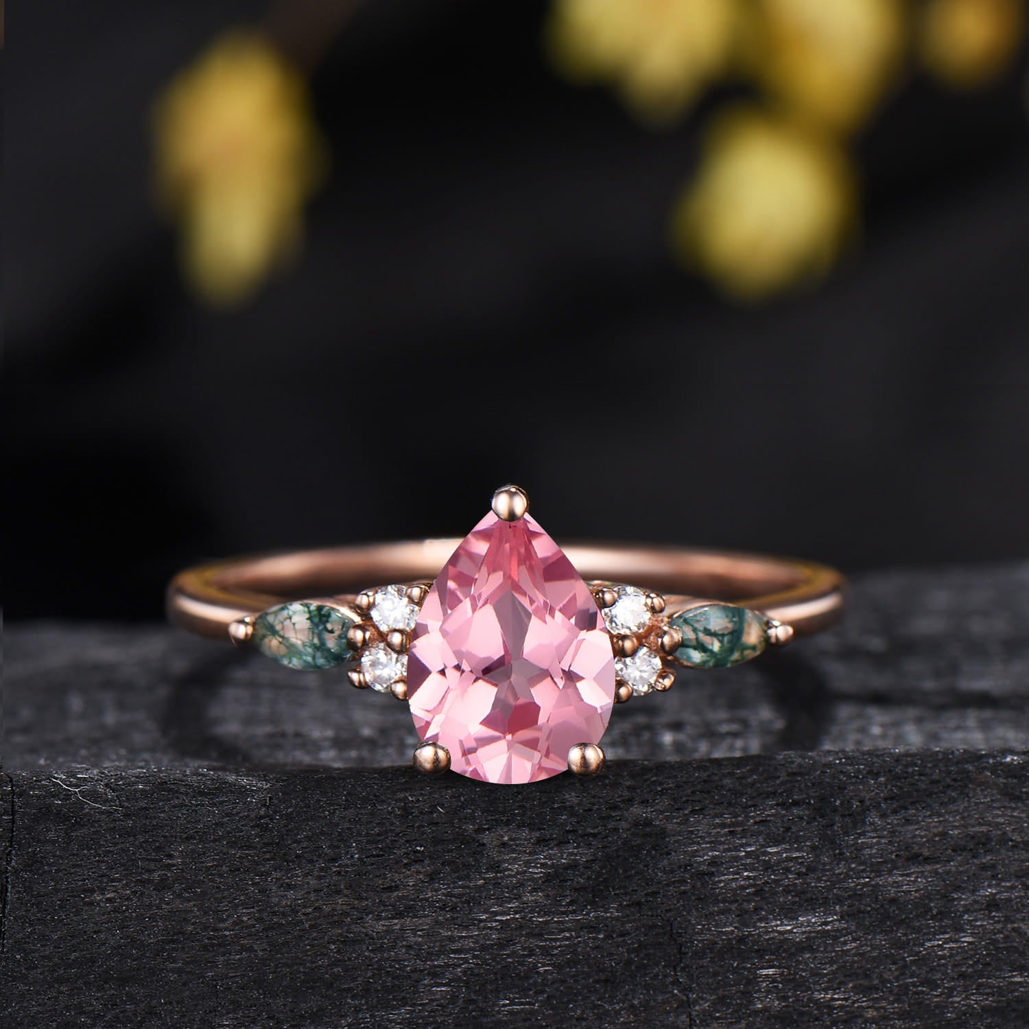1.25 CT Pear Shaped Padparadscha Sapphire Engagement Ring Set, Cluster Kite & Marquise Moss Agate