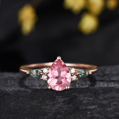 1.25 CT Pear Shaped Padparadscha Sapphire Engagement Ring Set, Cluster Kite & Marquise Moss Agate