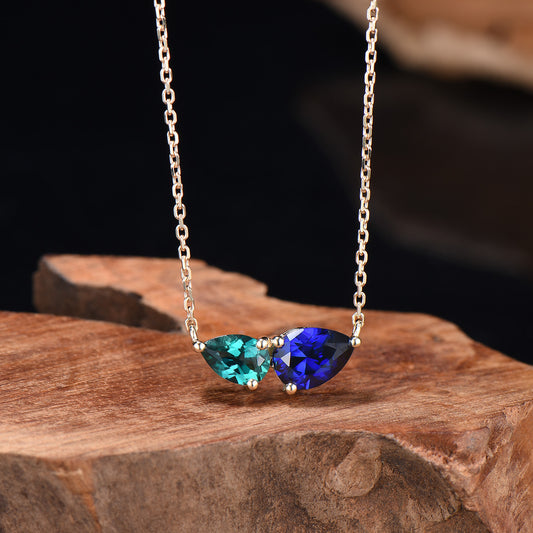 Teardrop Sapphire Emerald Yellow Gold Necklace, Toi et Moi Pendant