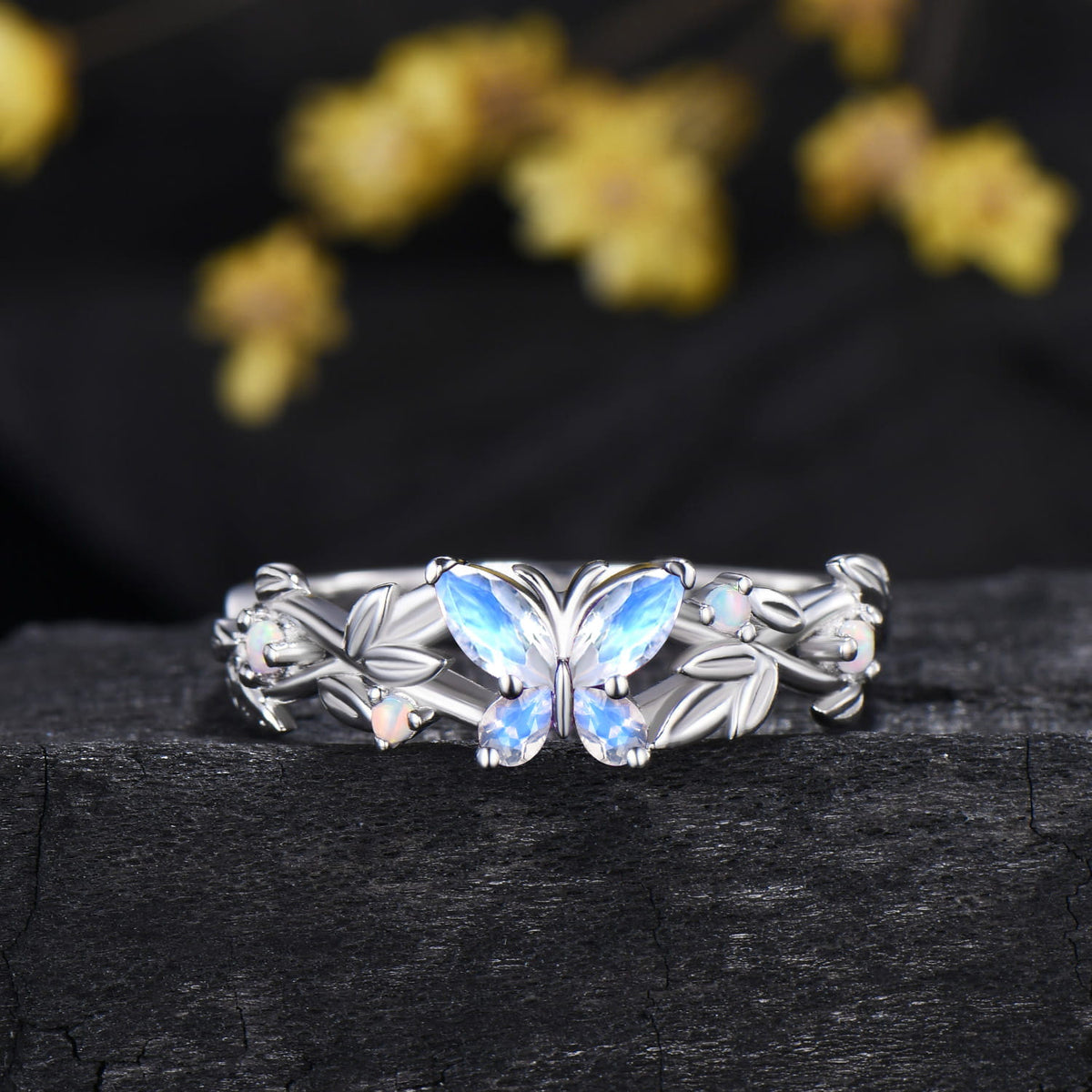 Natural Moonstone Butterfly Bridal Set White Opal Accent Leaf Engagement Ring